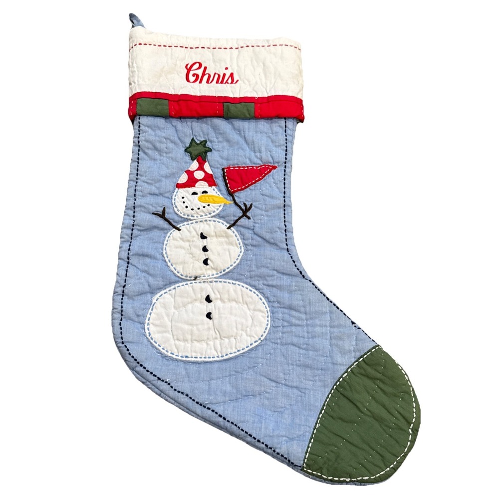 Pottery Barn Kids Quilted Christmas Stocking Snowman Monogram Gingham ~ Chris